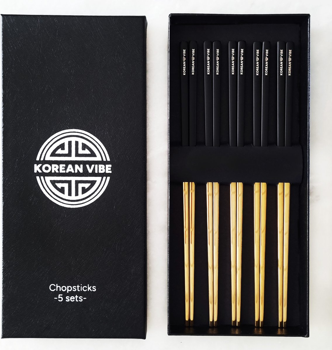 KoreanVibe Chopsticks Set - Eetstokjes - Vaatwasserbestendig - RVS - 5Paar - Goud/Zwart