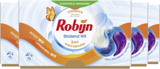 Capsules de lessive Robijn Radiant White 3 en 1 - 4 x 15 lavages - Pack économique