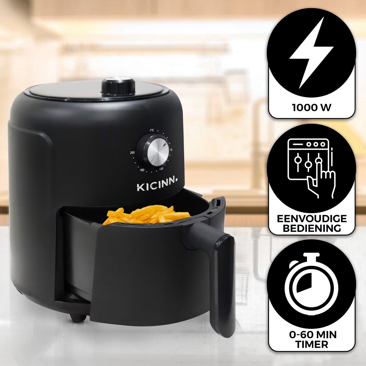 Kicinn Airfryer - Airfryer XL - Hetelucht friteuse - 3 Liter - 1000 Watt - Zwart — afbeelding 5