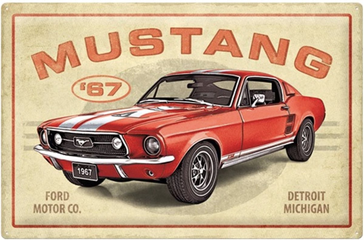 Metalen Bord 40 x 60cm Ford Mustang - GT 1967 Rood