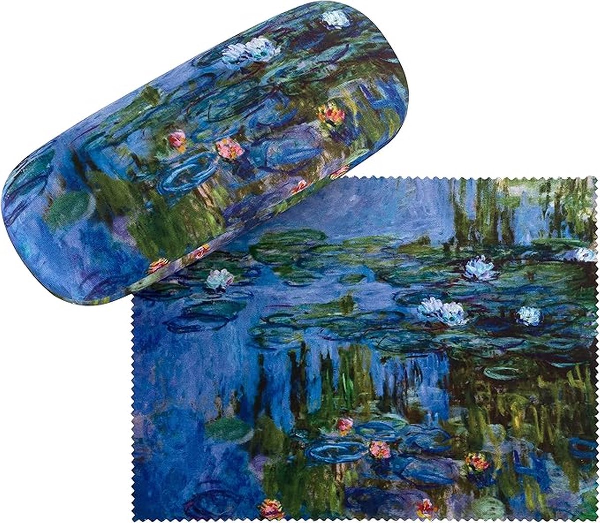 Brillenkoker Claude Monet: Waterlelie bloemen kunst motief etui bril microvezel brillenpoetsdoek brillenbox stabiele hardcase set bekleed met stof, Meerkleurig