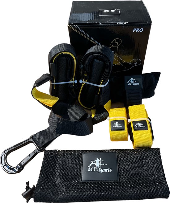 MJ Sports Premium TRX Suspension Trainer - Complete TRX Training set - Resistance Band - Weerstandsbanden - Calisthenics - Full Body Workout - Inclusief Draagtas - Fitness - Zwart/Geel