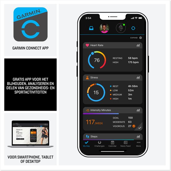 Screenshots van de Garmin Connect app en een laptop met de app, getiteld 'GRATIS APP VOOR HET BIJ...