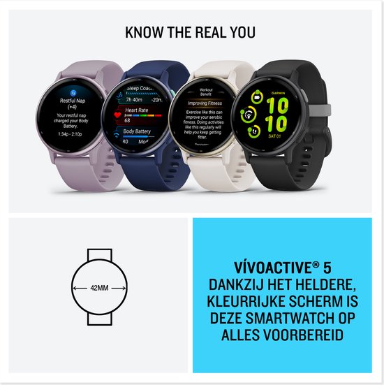 Vier Garmin Vivoactive 5 horloges in verschillende kleuren, met schermen die slaap en activiteit tonen.