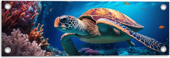 Tuinposter – Grote Zeeschildpad Zwemmend bij Koraal op de bomen van de Zee - 60x20 cm Foto op Tuinposter (wanddecoratie voor buiten en binnen)