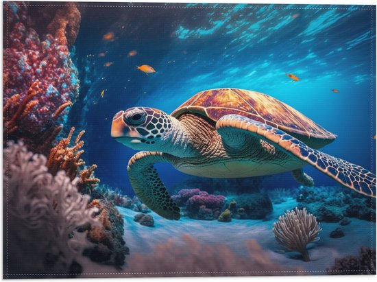 Vlag - Grote Zeeschildpad Zwemmend bij Koraal op de bomen van de Zee - 40x30 cm Foto op Polyester Vlag