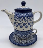 Bunzlau keramiek tea for one blauwe bloemenrand