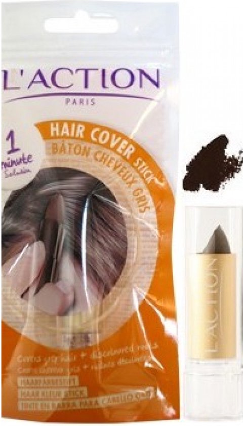 L'Action Paris Hair Cover Stick Zwart: een haarstift in gouden huls en een bruine verfapplicatie.