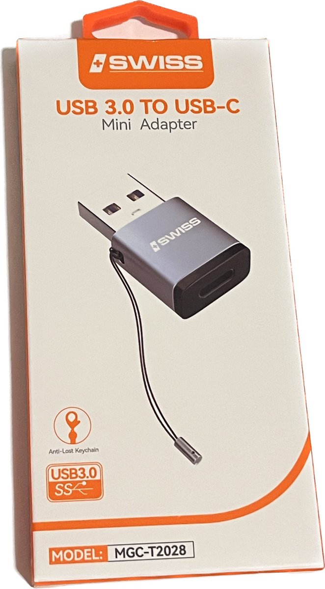 ISWISS USB 3.0 naar USB-C - Zwart/Zilver - Universele Compatibiliteit - Gegevensoverdracht - Met Keychain: Handige Connectiviteit!
