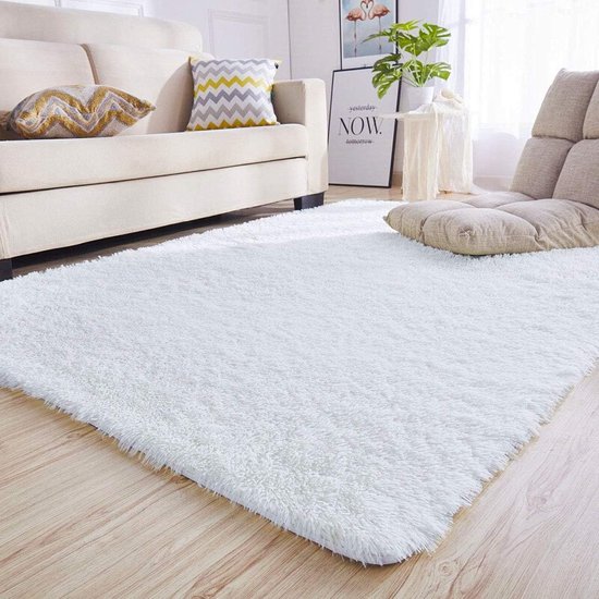 Tapis pour Chambre à Coucher, Tapis Moelleux à Poils Longs, Tapis antidérapant, Salon, Tapis Modernes, Lavable (160 x 200 cm, Blanc)