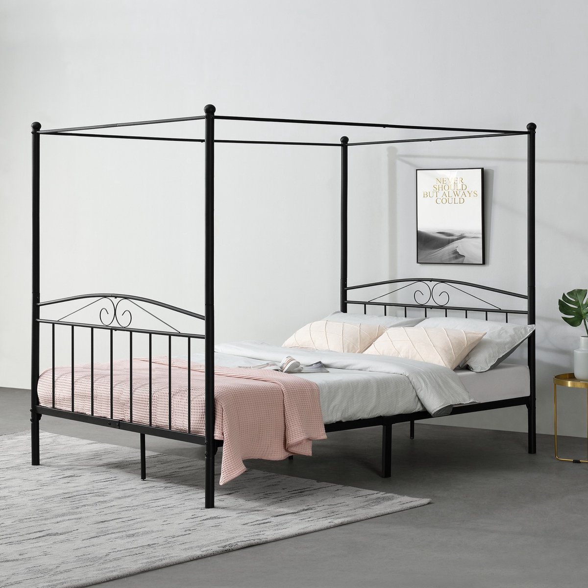 Metalen hemelbed Jetty - Zwart - Met bedbodem - 180x200 cm - Modern design