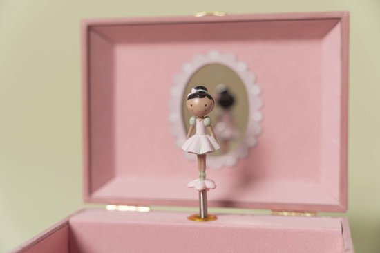 Roze muziekdoosje met ballerina en spiegel.