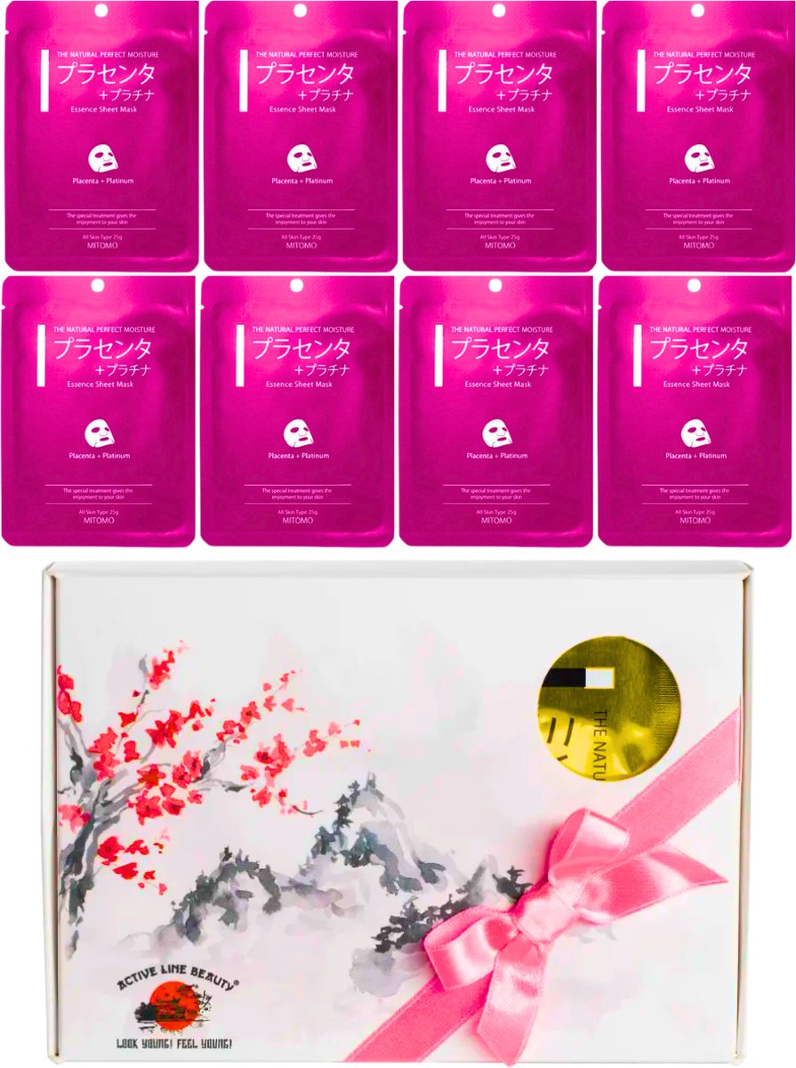 Goedkoopste Mitomo Placenta & Platinum Gezichtmaskers - Giftset Vrouw - 8 x 25g - Verjaardag Cadeau Vrouw - Geschenkset Vrouwen