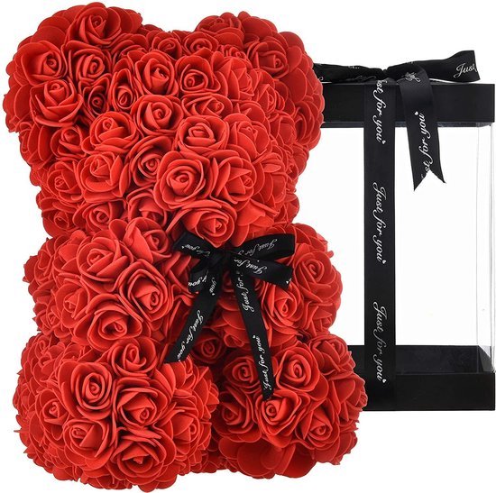 Rozen Beer Rood met Wit Hart 30 cm {Rozen Moederdag liefdes Teddybeer voor jou geliefde! Rose Bear Knuffelbeer gemaakt van roosjes – I Love You beer met hartje – Sinterklaas Kerst Cadeau | Rose Bear Heart 30cm}