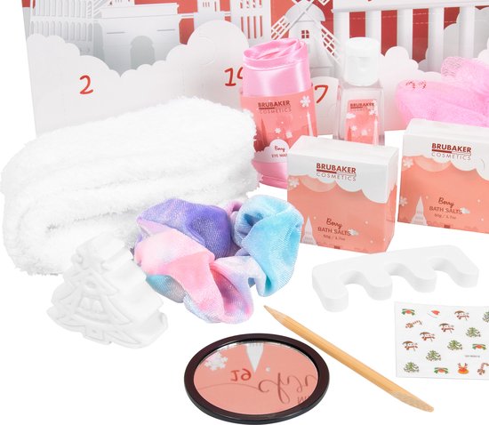 BRUBAKER Cosmetics Beauty Adventskalender - de XXL Wellness Kerstkalender voor Vrouwen en Meisjes - 24 x Lichaamsverzorging Producten & Spa Accessoires - Pink Skyline