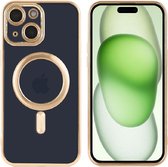 Hoesje Geschikt voor iPhone 15 met magnetisch ring - Lens beschermer – backcover – Transparant / Goud