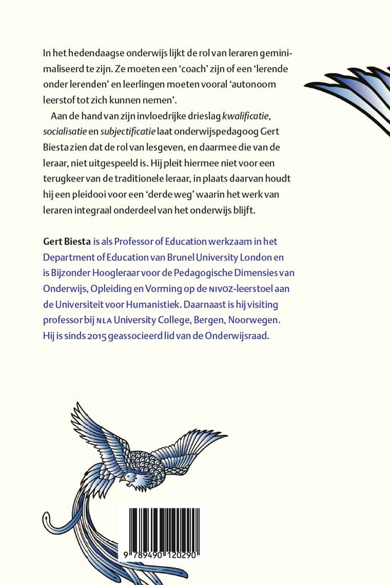 Achterkant van het boek "De terugkeer van het lesgeven" met tekst en een afbeelding van een blauwe feniks.
