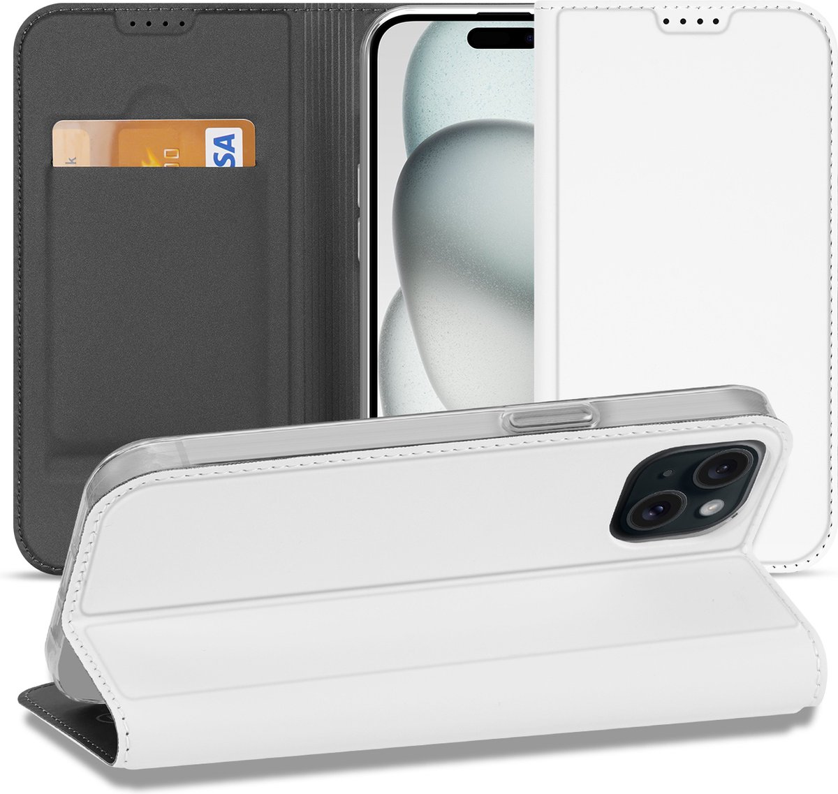 Stand Case Hoesje Geschikt voor de iPhone 15 Plus Wit met Pashouder