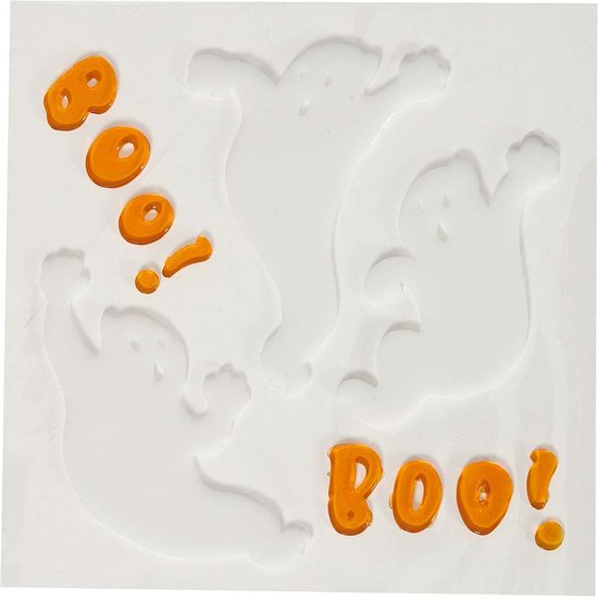 Wit Halloween raamfolie met spookjes en oranje "Boo!" letters.