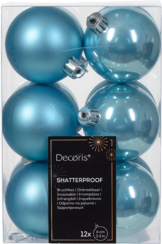 Boules de Noël Decoris - 12x - 6 cm - plastique - bleu glacier