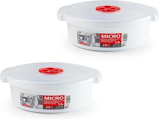 Bol pour micro-ondes Plastic Forte avec couvercle/valve - 2x - 1,5L - blanc - plastique