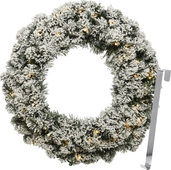 Kerstkrans 50 cm - groen met led - besneeuwd - met zilveren hanger/ophanghaak