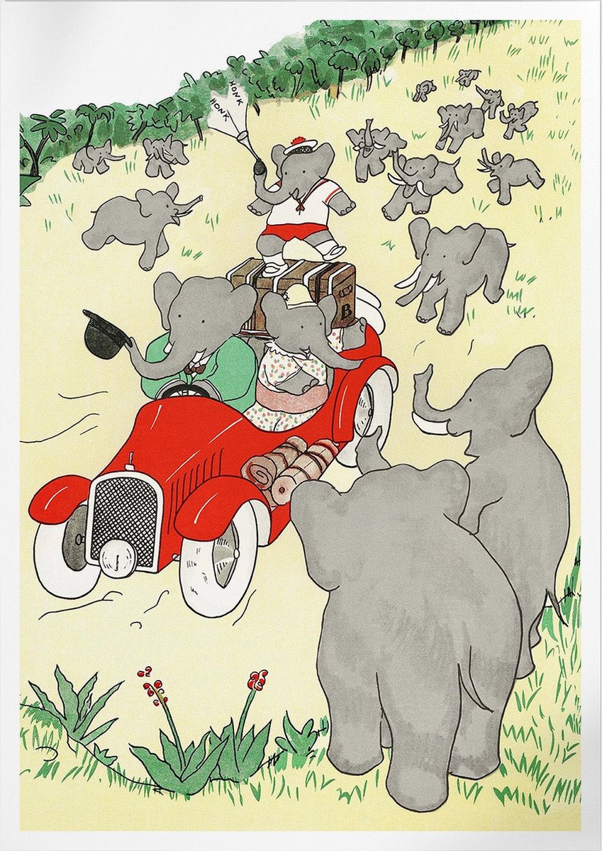 Pepperwall Babar Dans Son Auto (Babar de Olifant) | Poster | B2: 50 x 70 cm Multikleur