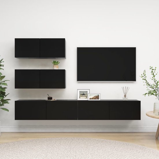 The Living Store Televisiemeubelset Modern - Hangend - Spaanplaat - Zwart - 80x30x30cm / 100x30x30cm