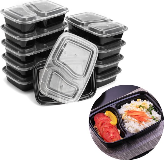 Cheqo® Vershoudbakjes Herbruikbaar - Mealprep Bakje - Meal Prep Bakjes - Diepvriesbakjes - Lunchbox - Vershouddoos - Plastic Bakjes - Magnetron Bakjes - Voedselcontainer - 10 Stuks met 2 Compartimenten