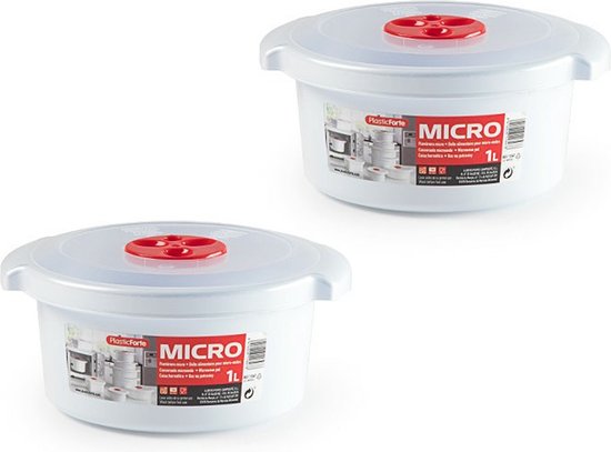 Deux boîtes de micro-ondes blanches de 1L avec couvercles transparents et valves rouges. Les emballages montrent des boîtes empilables.