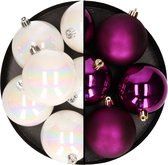 Decoris Kerstballen - 12x st - 8 cm - parelmoer wit en paars - kunststof