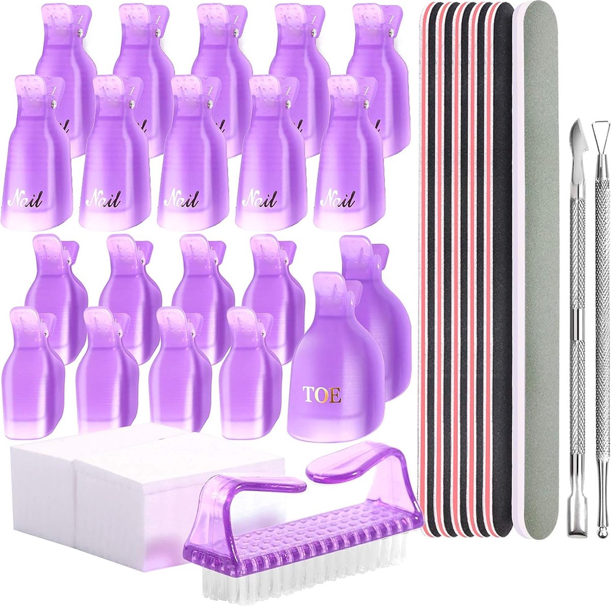 Elysee Beauty - Paarse Gel Nagellak remover kit - Met Herbruikbare Clips, Manicure en Pedicure - nagelvijl en buffer set voor kunstnagel 100/180 - Nagellakremover - Nail polish remover