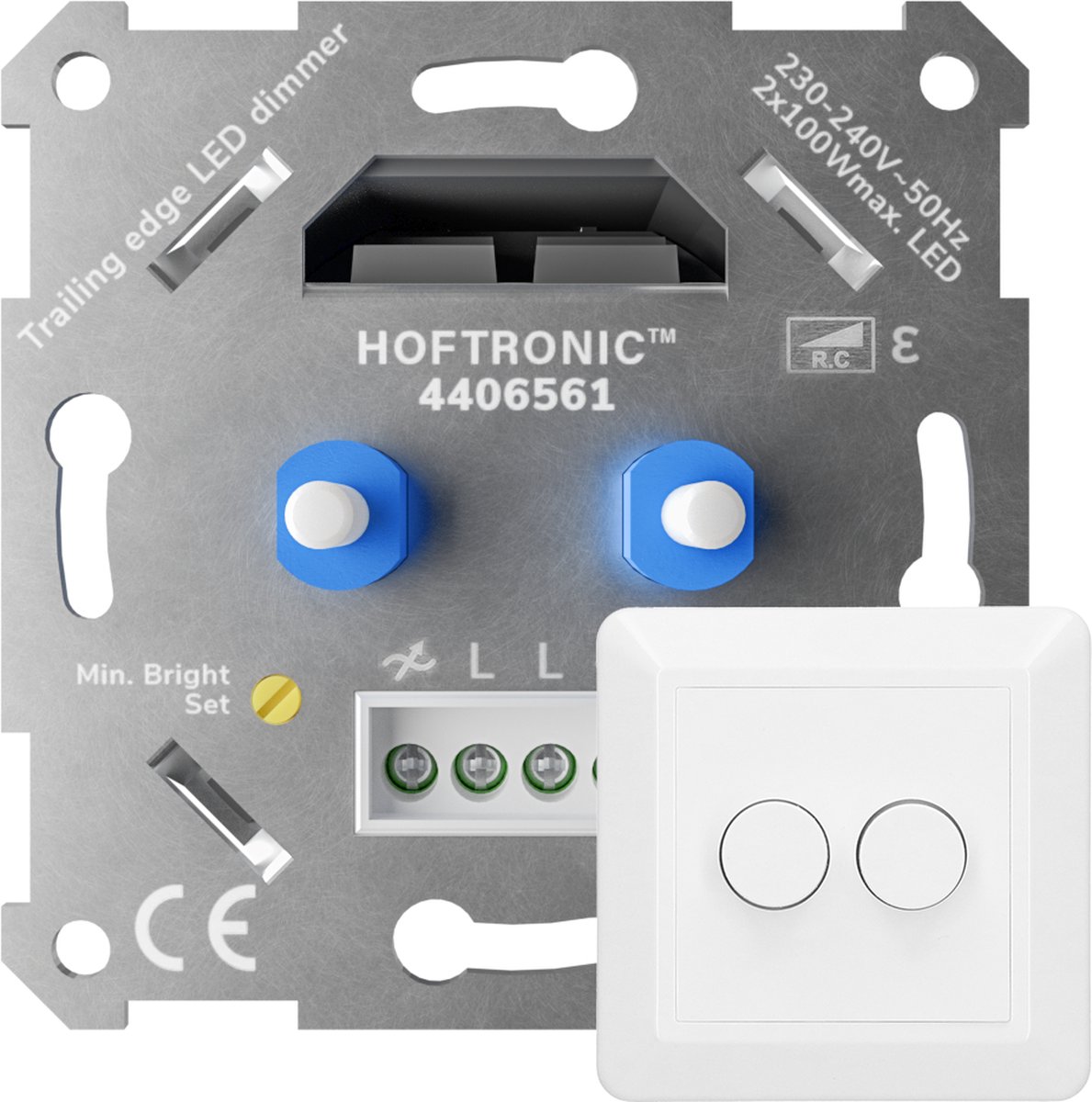 HOFTRONIC - LED duo dimmer - Fase afsnijding - Maximale belasting 2x100 Watt - Met afdekraam en knoppen - HOFTRONIC