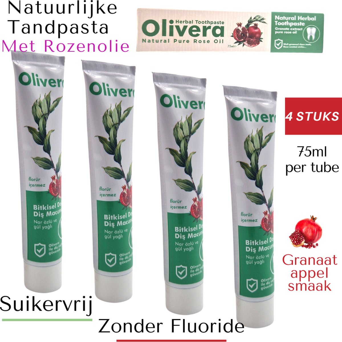 Goedkoopste 4x75ml Natuurlijke Tandpasta Zonder Fluoride - Voordeel verpakking - Paraben en suikervrij - Natural Whitening
