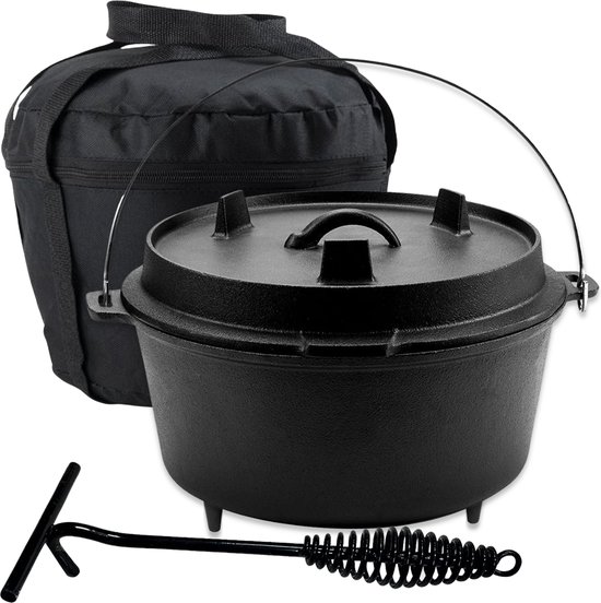 KitchenMonster® Dutch Oven Kookpan - Gietijzeren Pan Ø29 - Gietijzeren Pan met Deksel 9 Liter Grillpan - Braadpan Gietijzer Zwart