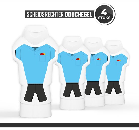 Foto: Douchegel scheidsrechter 4 stuks cadeau week van de scheidsrechters showergel sport bedankje scheids voetbal volleybal cadeautje scheidsrechters douchegel set bedankt tenue wedstrijd toernooi rode gele kaart shirt blauw