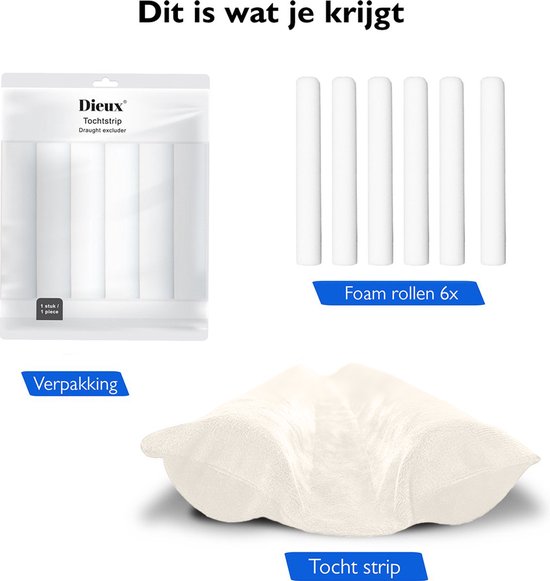 Dieux® - Tochtstrip - Wit - Tochtstrips voor deuren - Tochtstopper - Tochtrol deur - Dubbelzijdig - Aanpasbaar - Tochthond - Tochtkussen - Tochtband - Duurzaam - Isolatie - Housewarming Cadeau