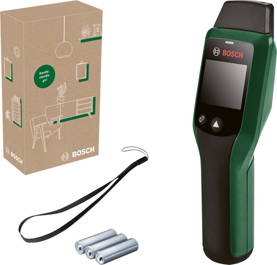 Bosch UniversalHumid vochtmeter in de kleur donkergroen en zwart, met een polsband en drie AAA-batterijen. De doos heeft een illustratie van een woonkamer.