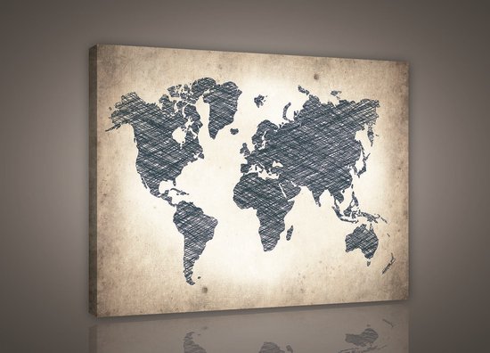 Toile - Peinture - Wereldkaart - Géographie - Moderne - Continents - Monde - Landen - Carte - (100x75cm)