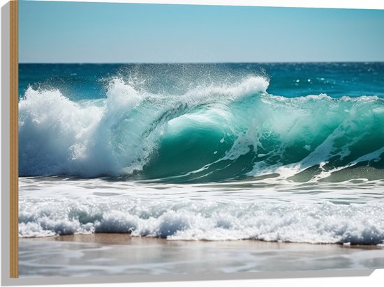 Hout - Klotsende Golven aan de Kust bij de Zee - 80x60 cm - 9 mm dik - Foto op Hout (Met Ophangsysteem)