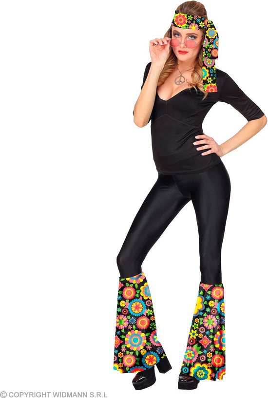 Widmann - Hippie Kostuum - Jaren 60 Set Happy Flower - Zwart, Multicolor - Carnavalskleding - Verkleedkleding