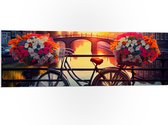 PVC Schuimplaat- Zwarte Fiets Geparkeerd bij de Grachten tijdens Zonsondergang - 120x40 cm Foto op PVC Schuimplaat