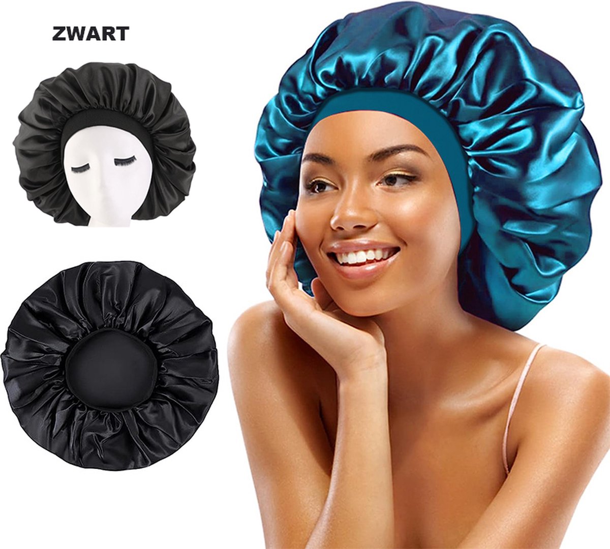 Cabantis Bonnet Satijn Geweven - Slaapmuts Satijn - Polyester XXL - Zwart