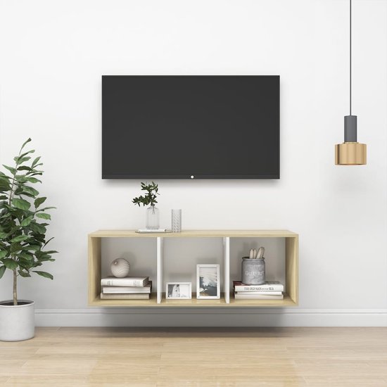 The Living Store Televisiewandmeubel - Sonoma eiken en wit - 37 x 37 x 107 cm