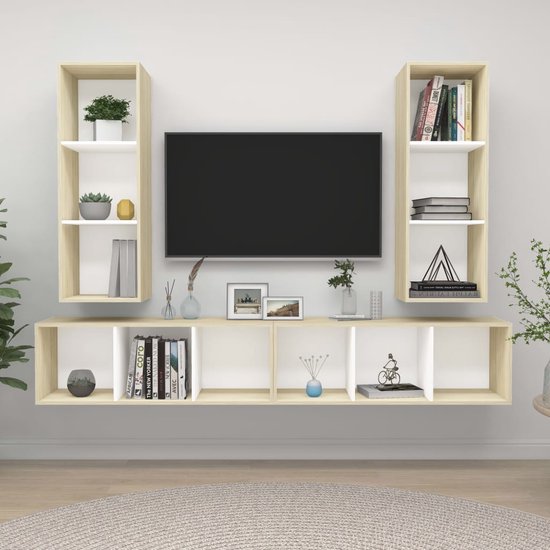 The Living Store Ensemble de meubles muraux Television - 37 x 37 x 107 cm - blanc et chêne sonoma - panneaux de particules