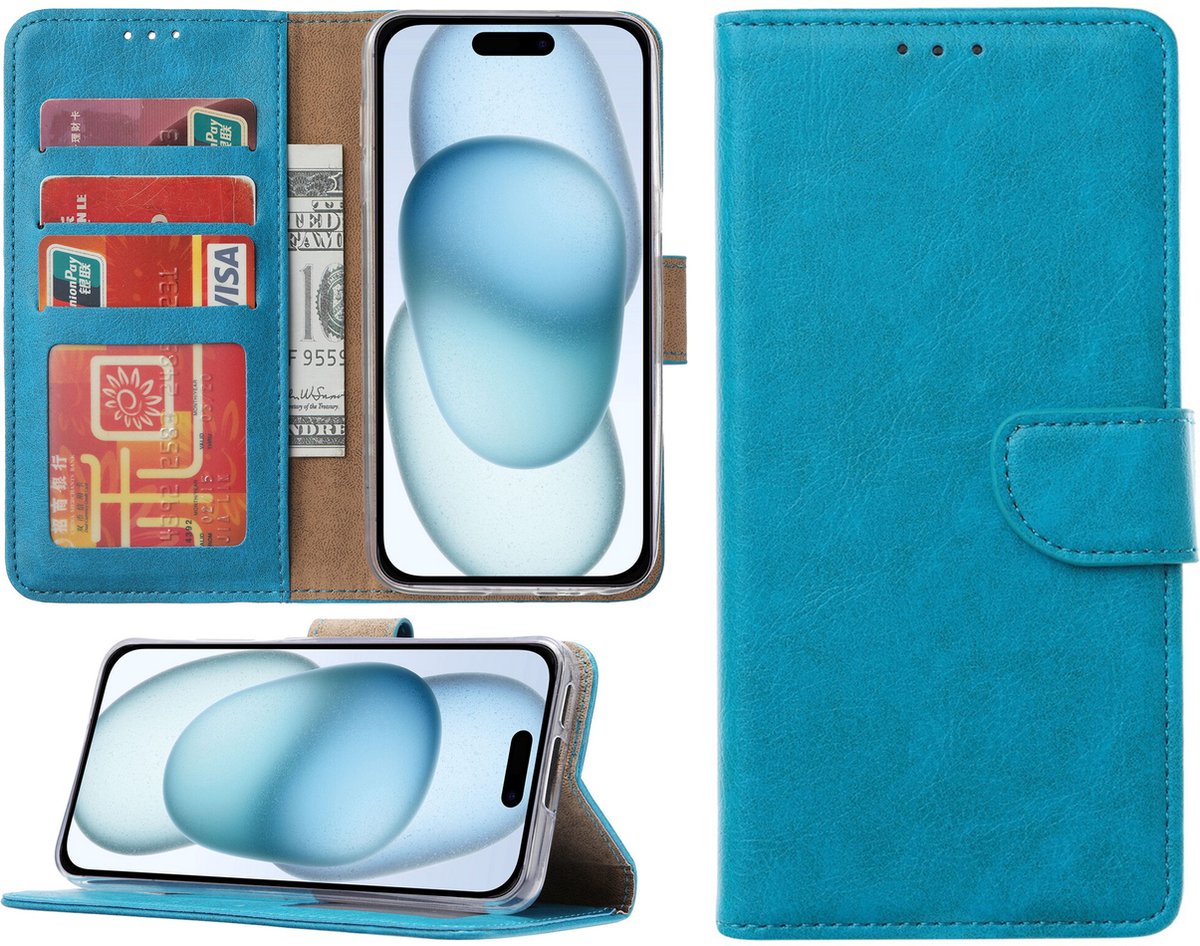 Hoesje Geschikt voor iPhone 15 Plus – portemonnee bookcase met pasjeshouder – Blauw