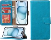 Hoesje Geschikt voor iPhone 15 Plus – portemonnee bookcase met pasjeshouder – Blauw
