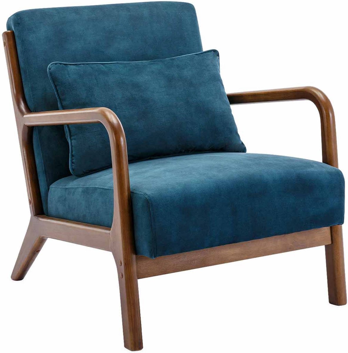 sweeek Scandinavische fauteuil walnootkleurig hout en fluweel - lorens Eendblauw