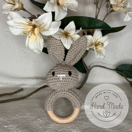 Baby Geboorte Set - Baby Speelgoed - New Born Set - Geschenk Set - Kraamcadeau - Babyshower - Gender Reveal Party - Bijtring - Handgemaakt - Natuurlijke Materialen - Speenkoord - Bruin Konijn — afbeelding 2