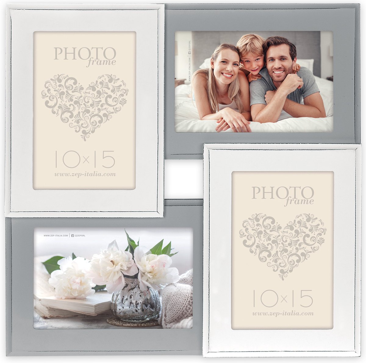 Zep Houten Multi Fotolijst Rouen 4Q Grijs / Wit voor 4 foto's formaat 10x15 (afmeting 31,5x31,5 cm)